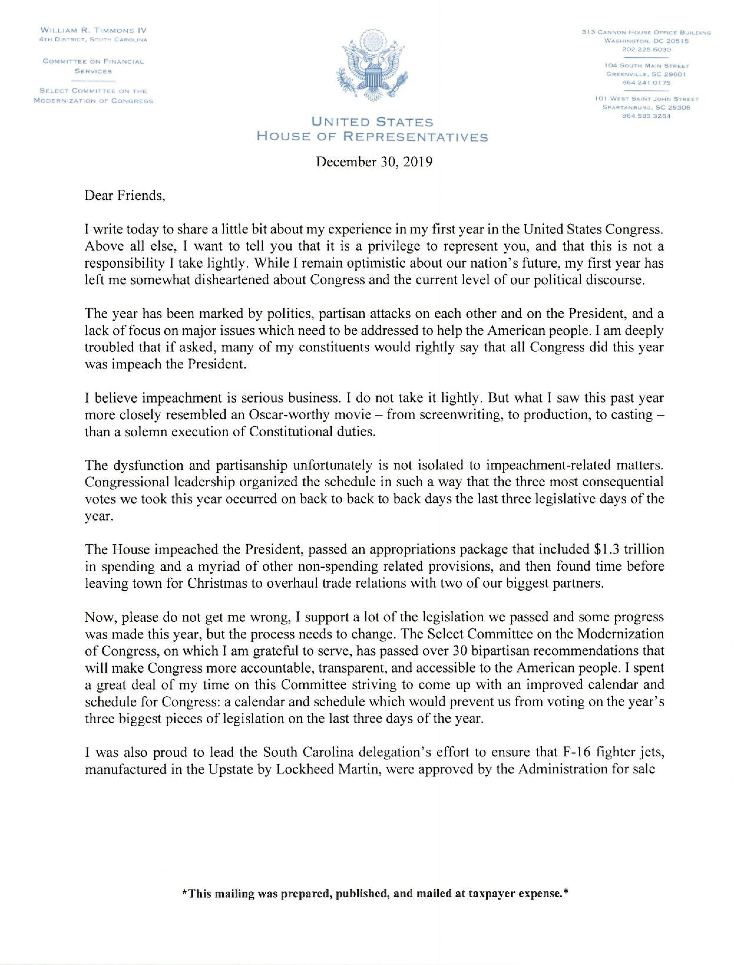 Timmons Writes to Constituents Reflecting on First Year in